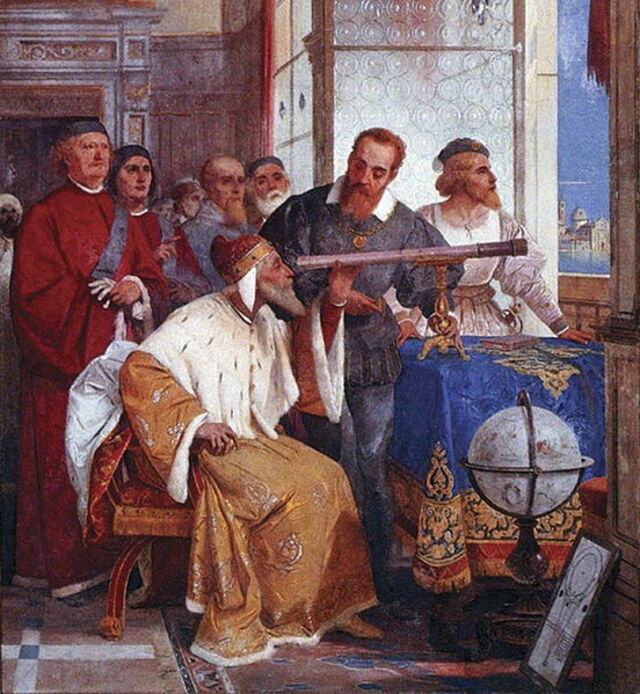 Galileo demostrando cómo usar su poderoso telescopio