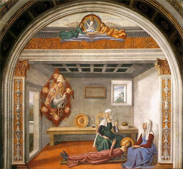 El Papa Gregorio anuncia la muerte de Santa Fina, Ghirlandaio