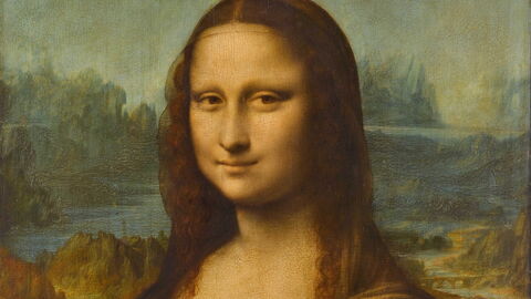 Detalle de la Mona Lisa con el puente de fondo