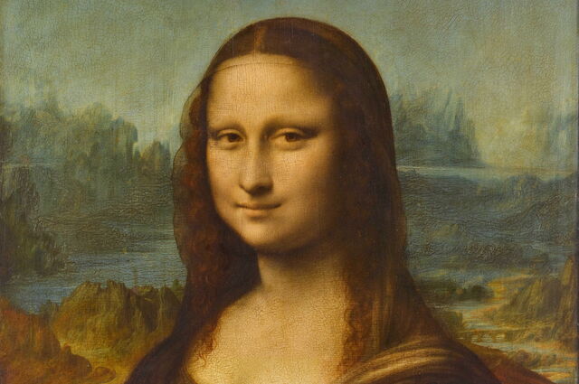 Detalle de la Mona Lisa con el puente de fondo