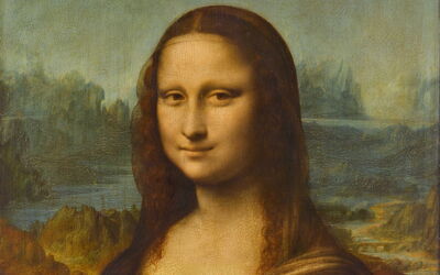 Detalle de la Mona Lisa con el puente de fondo