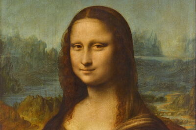 Detalle de la Mona Lisa con el puente de fondo