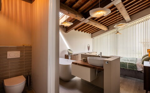 Melaiolo Modern Apartment With Pool, Montaione, To: Diseño De Interiores, Arreglo De Tubería, Piso, Madera, Techo, Suelo, Encendiendo, Plomería, Baño, Casa