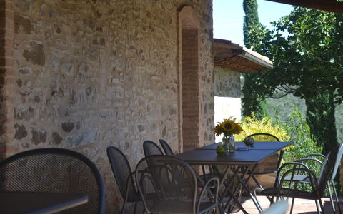 Podere Peteglia: Mueble, Mesa, Mesa Al Aire Libre, Silla, Mueble Para Exteriores, Cocina Y Comedor Mesa, Sombra, Manteles, Balcón, Planta De Casa