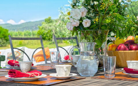 Villa Il Meluccio 12: Vajilla, Mesa, Mueble, Utensilios Para Servir, Drinkware, Comida, Vajilla, Fruta, Plato, Manteles