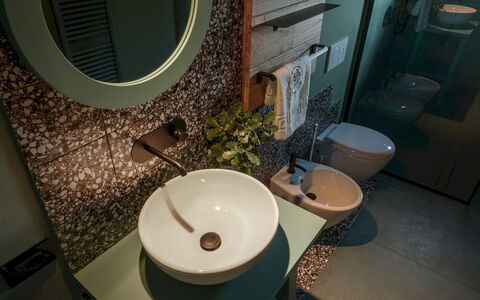 Agriresort Bacaringhe 13: Diseño De Interiores, Arreglo De Tubería, Lavabo Del Baño, Baño, Lavabo, Plomería, Lámpara, Espejo, Grifo, Planta De Casa